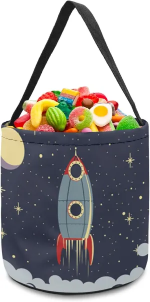 1 Piece Halloween Trick or Treat Candy Bags,Outer Exploration Rocket Spaceship Reusable Goody Bucket Candy Tote Bag for Holiday Gift
