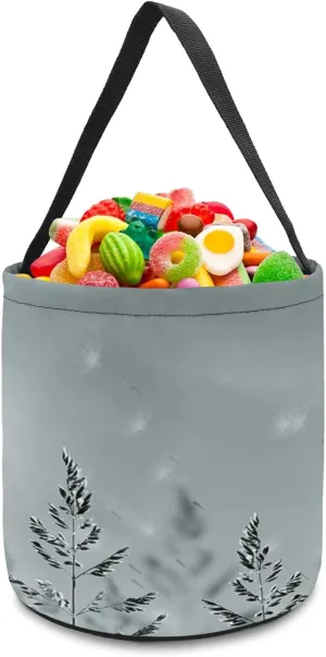 1 Piece Halloween Trick or Treat Candy Bags,Sun Shine and Dandelion Plants Reusable Goody Bucket Collapsible Candy Tote Bag for Holiday Gift Basket Party Favor,Grey Pastoral Botanical Art