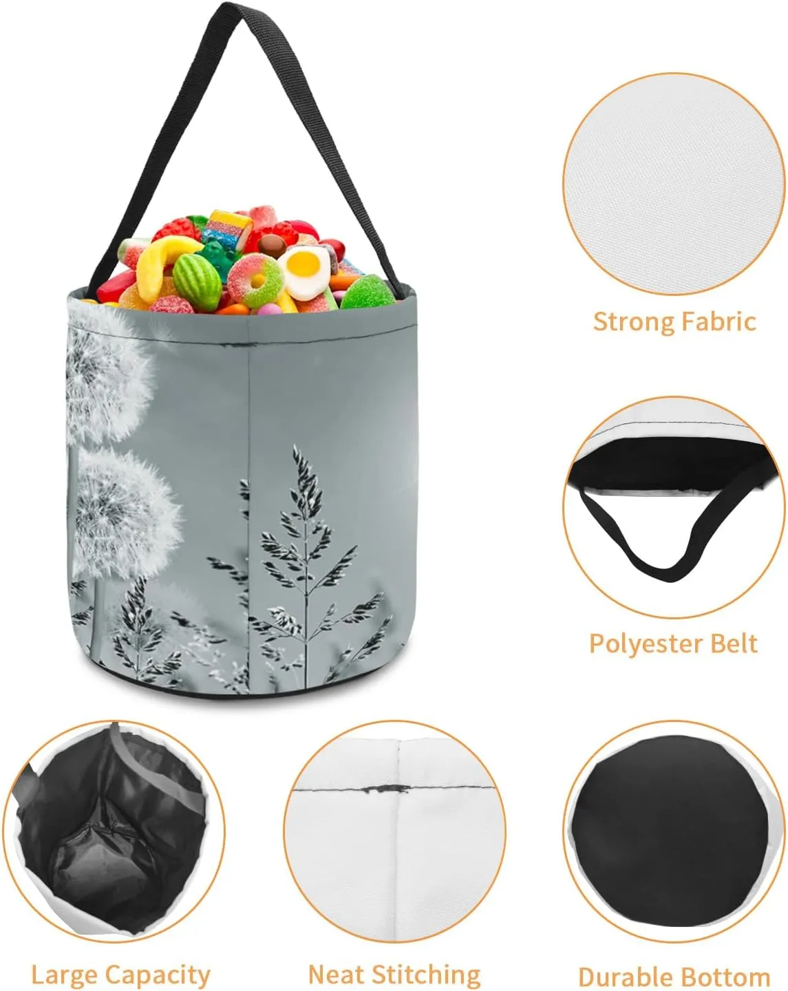 1 Piece Halloween Trick or Treat Candy Bags,Sun Shine and Dandelion Plants Reusable Goody Bucket Collapsible Candy Tote Bag for Holiday Gift Basket Party Favor,Grey Pastoral Botanical Art