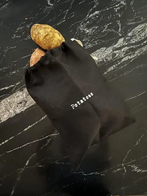 100% Linen Onion and Potato Linen Bags, Potato Sacks, Potato Keeper, Washable Storage Bags, Storage For Pantry- Combo Set - Two 15"x12" Farmhouse Artisan Linen Bags - Black