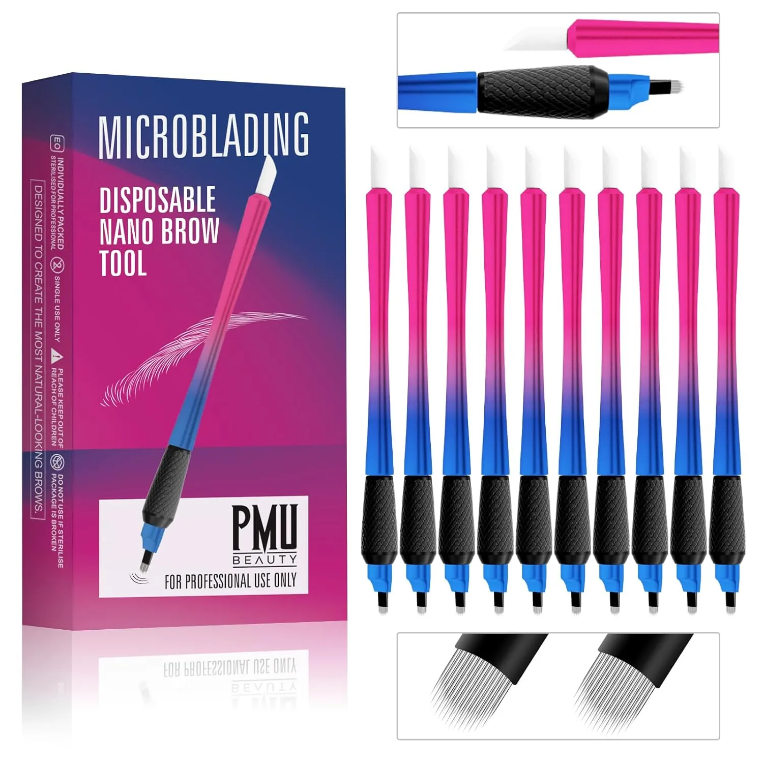 10Pcs Disposable Microblading pen sterilized 18 U-shaped 0.15mm Nano Blade Manual Eyebrow Pen Comfortable Rubber Grip with Pigment Sponge for Eyebrow Tattoo Permanent Makeup (18U 0.15mm)