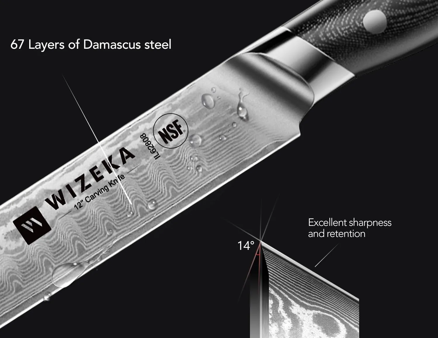 12 Inch Damascus Slicing Knife - Ultra Sharp, Full Tang Carving Knife with G10 Handle, Great for Slicing Roasts, Meats, Fruits