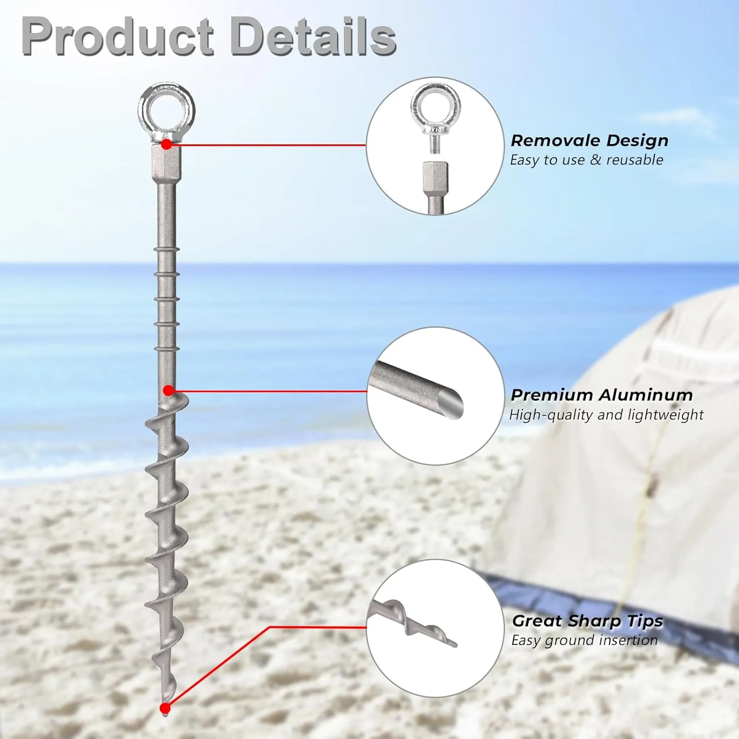 14" Ground Anchors Screw in Non-Rust Cast Aluminum Detachable Tent Stakes for Camping Tents,Sand,Trampoline,Swing Sets and Sheds（12 Packs）
