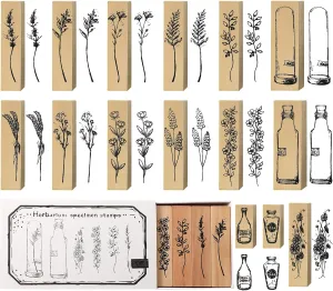 15 Pieces Rubber Stamps for Crafting Scrapbooking Vintage Flower Stamps Plant and Floral Wooden Stamps Decorative Set for Craft, Letters Diary, Scrapbook Painting Card Making