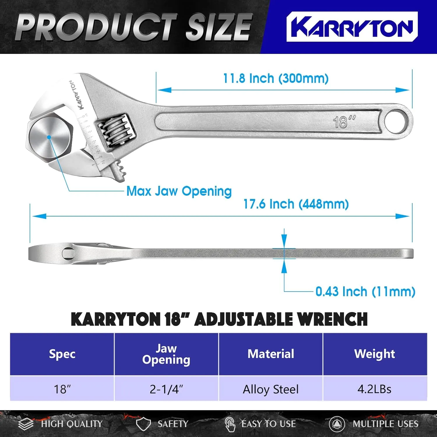 18" Inch Adjustable Wrench with 2-1/4"(57mm) Max Jaw Opening (Scales Metric and SAE), Drop Forged Alloy Steel Adjustable Spanner for Various Fasteners, Chrome Plated Handle Polished