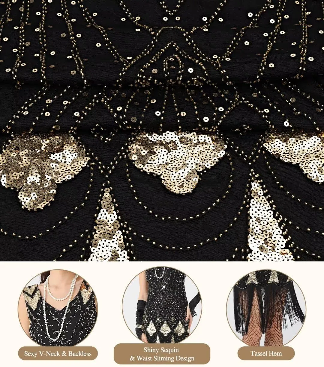 1920S Women Flapper Dress V Neck Sequin Fringed Dress Cocktail Dress with Roaring 20s Accessories