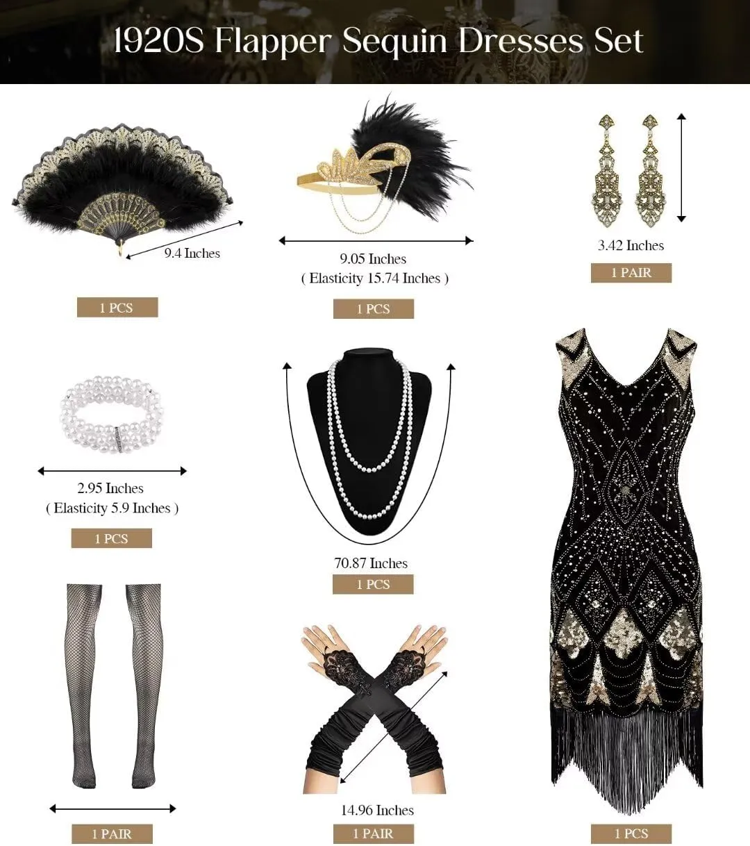 1920S Women Flapper Dress V Neck Sequin Fringed Dress Cocktail Dress with Roaring 20s Accessories