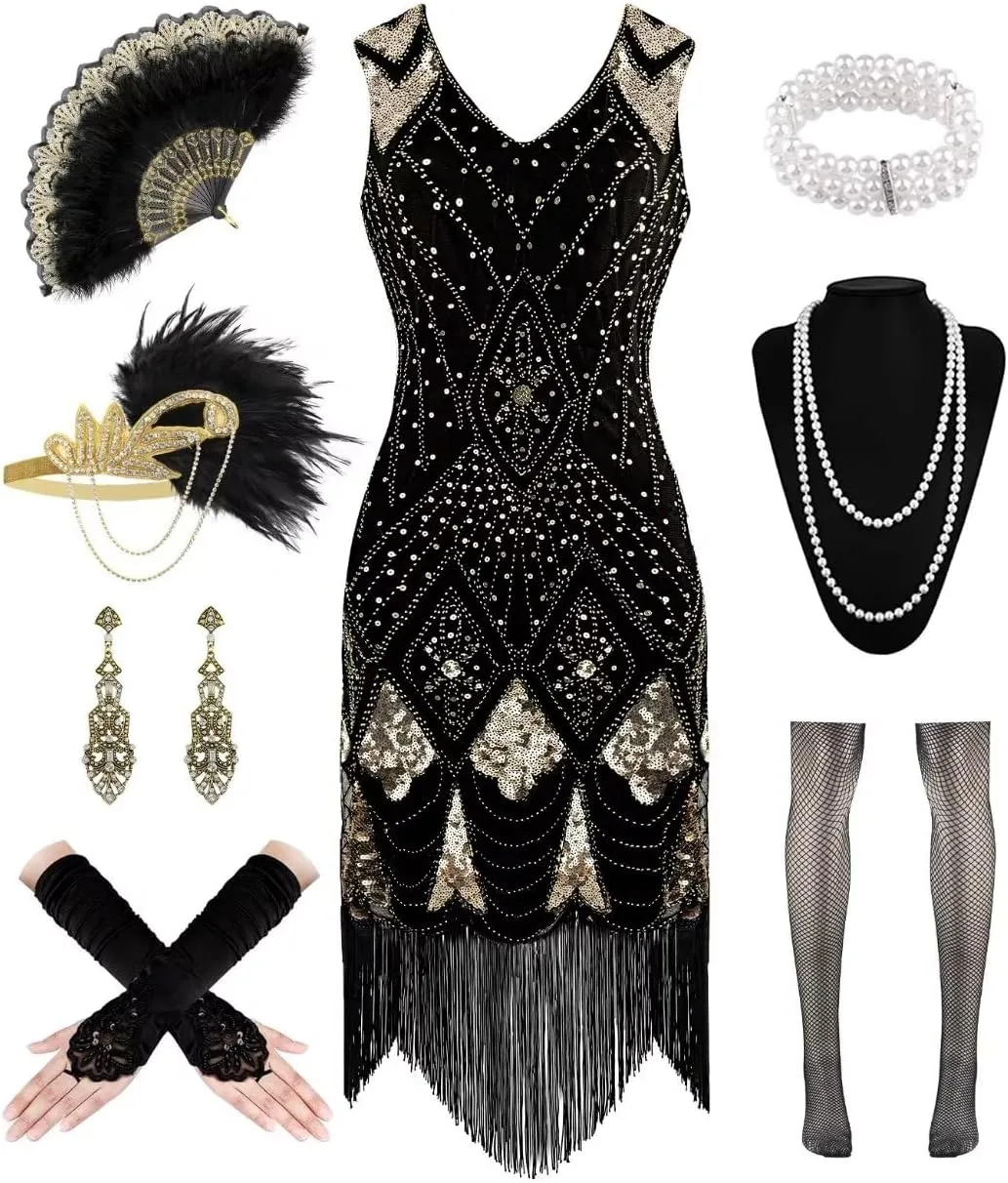 1920S Women Flapper Dress V Neck Sequin Fringed Dress Cocktail Dress with Roaring 20s Accessories