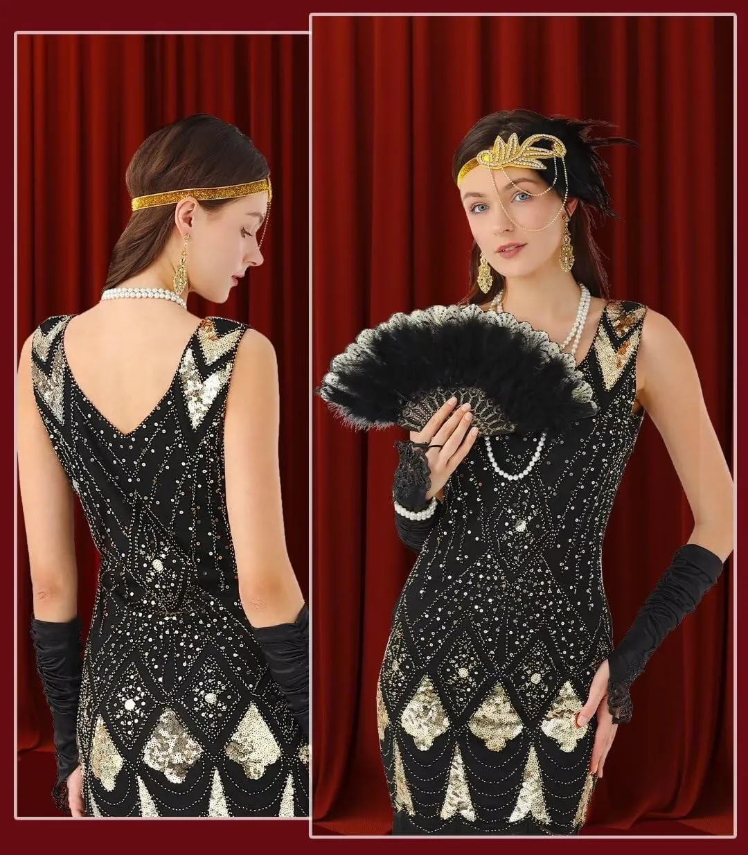 1920S Women Flapper Dress V Neck Sequin Fringed Dress Cocktail Dress with Roaring 20s Accessories
