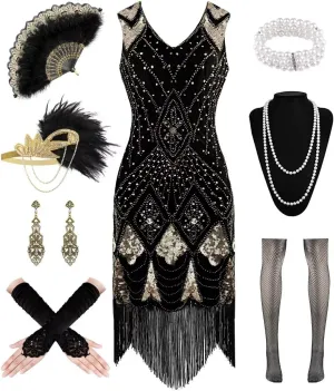 1920S Women Flapper Dress V Neck Sequin Fringed Dress Cocktail Dress with Roaring 20s Accessories
