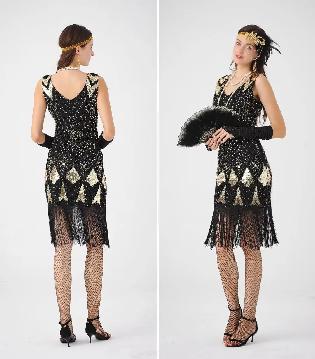 1920S Women Flapper Dress V Neck Sequin Fringed Dress Cocktail Dress with Roaring 20s Accessories