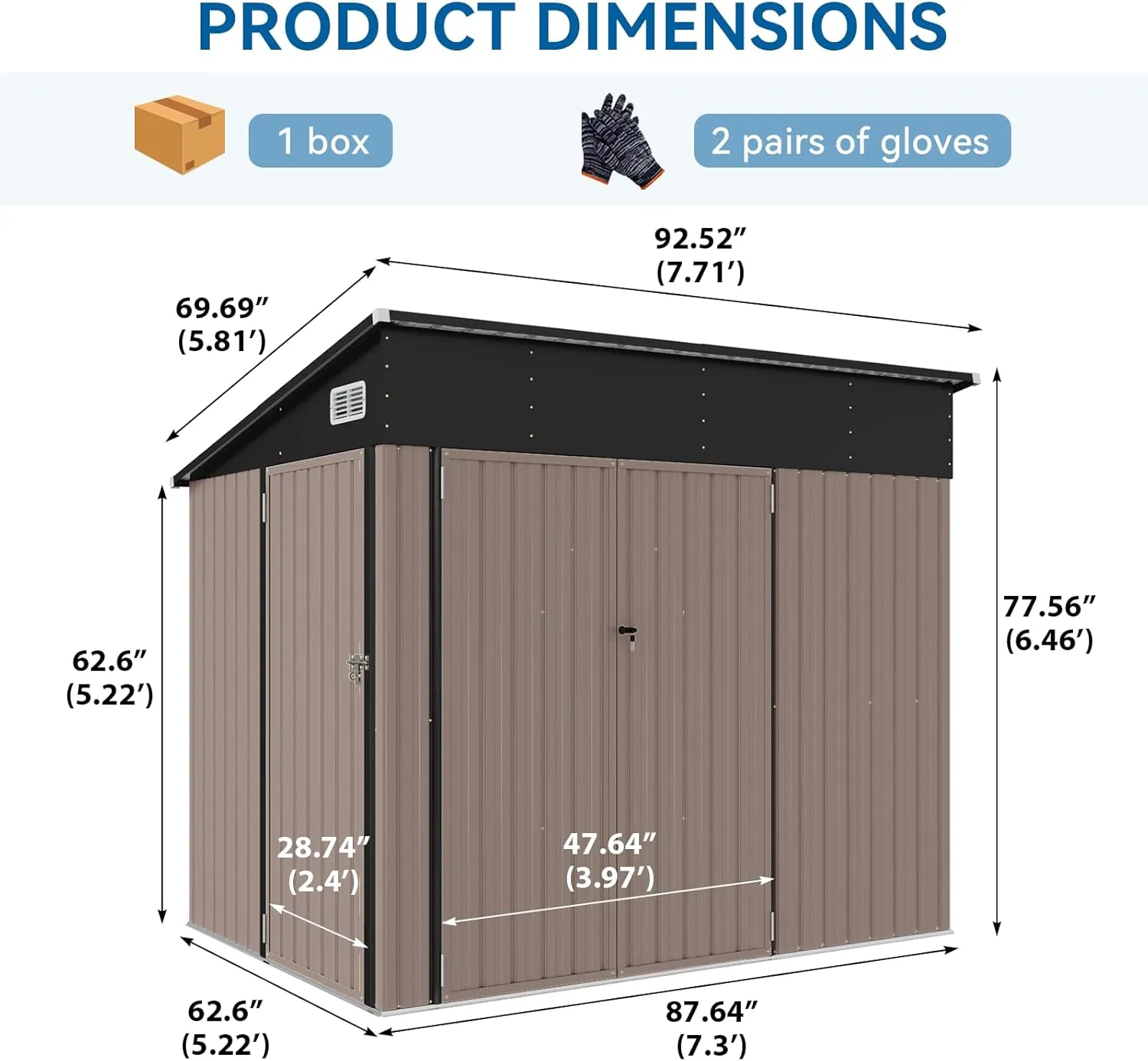 194 cu.ft Shed Premium Galvanized Steel Storage Sheds with Triple Doors 7.3x5.3 Ft Weatherproof Outdoor Utility Sheds, Dual Lock Lean to Shed for Mower, Bike, Generator, Garden Tools (Brown)