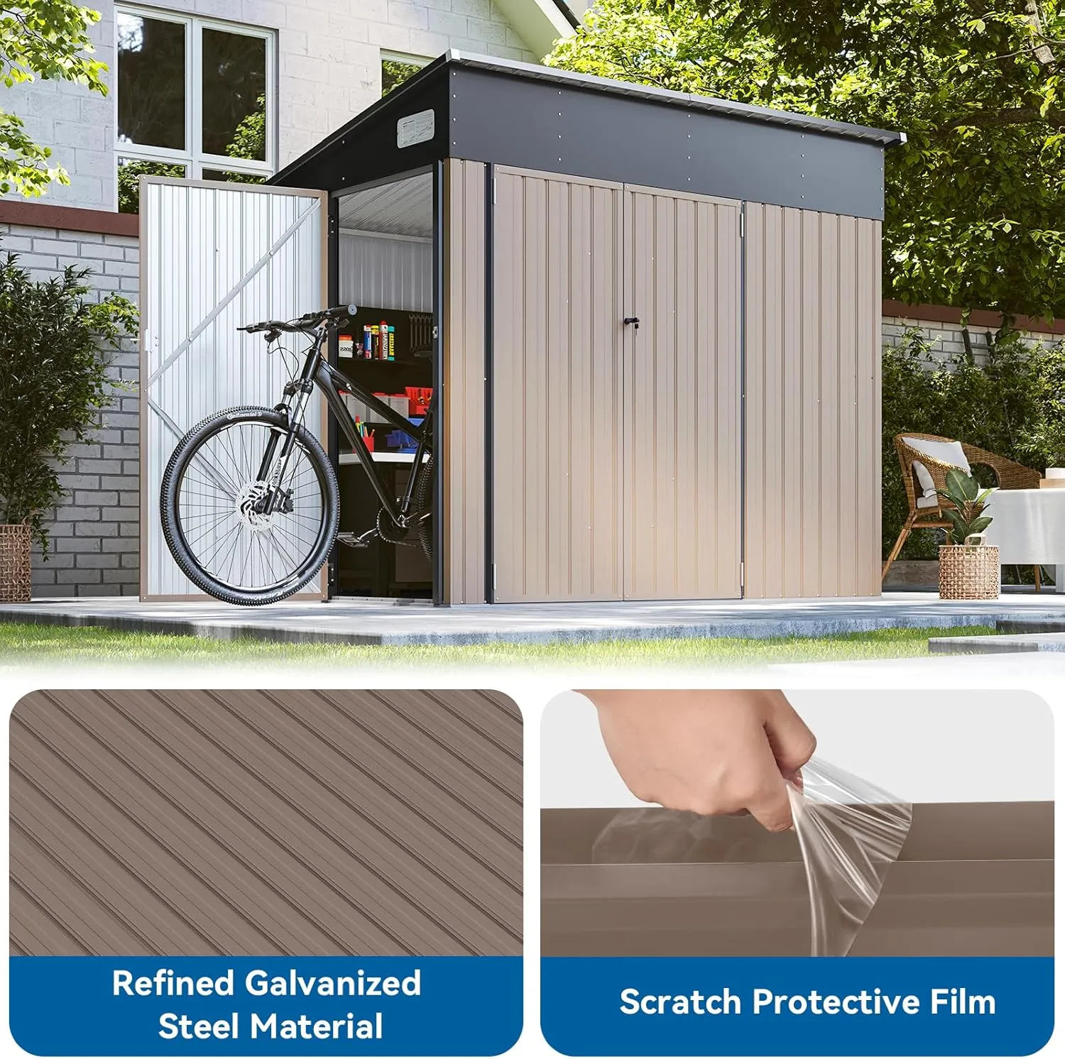 194 cu.ft Shed Premium Galvanized Steel Storage Sheds with Triple Doors 7.3x5.3 Ft Weatherproof Outdoor Utility Sheds, Dual Lock Lean to Shed for Mower, Bike, Generator, Garden Tools (Brown)