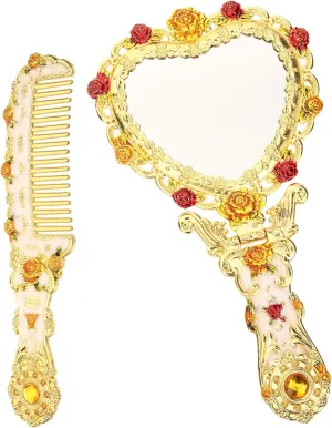 1Set Vintage Handheld Makeup Mirror Comb Retro Heart Shaped Design Elegant Embossed Flower Pattern for Ups Present Giving Beautiful Finish