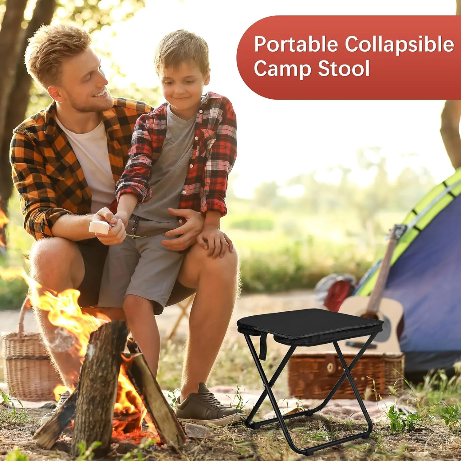 2-Pack Collapsible Stool for Camping, 11-inch Portable Folding Chair Retractable Compact Stool Lightweight Seat for Travel/Beach/Hiking/Fishing/Adventures/Outdoor [Black]