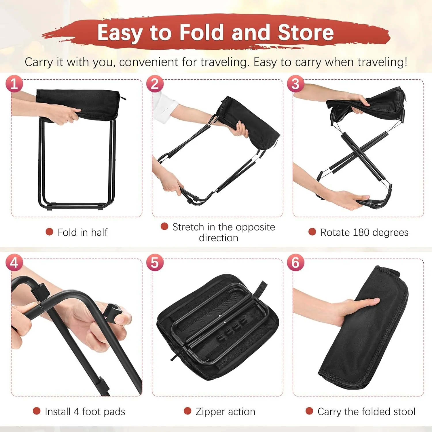 2-Pack Collapsible Stool for Camping, 11-inch Portable Folding Chair Retractable Compact Stool Lightweight Seat for Travel/Beach/Hiking/Fishing/Adventures/Outdoor [Black]