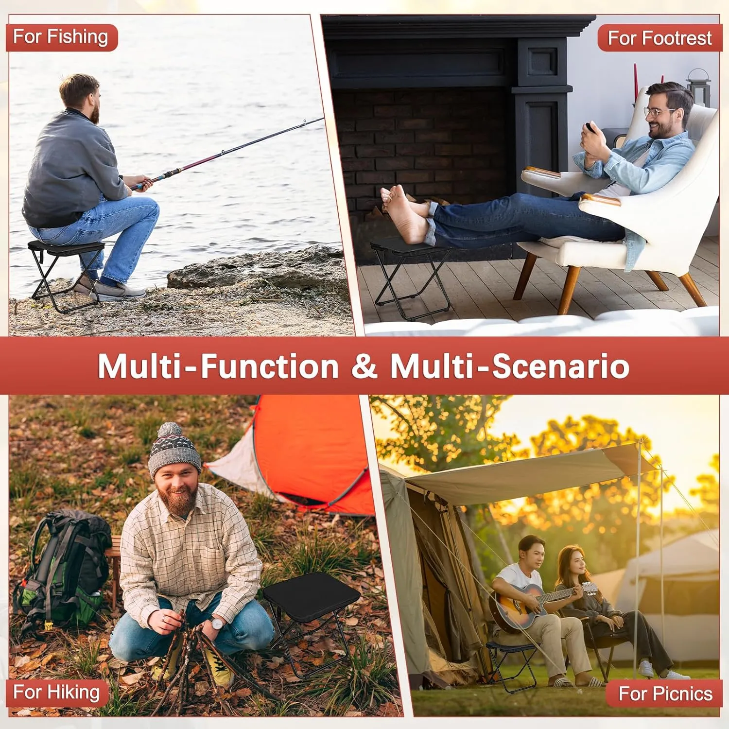 2-Pack Collapsible Stool for Camping, 11-inch Portable Folding Chair Retractable Compact Stool Lightweight Seat for Travel/Beach/Hiking/Fishing/Adventures/Outdoor [Black]