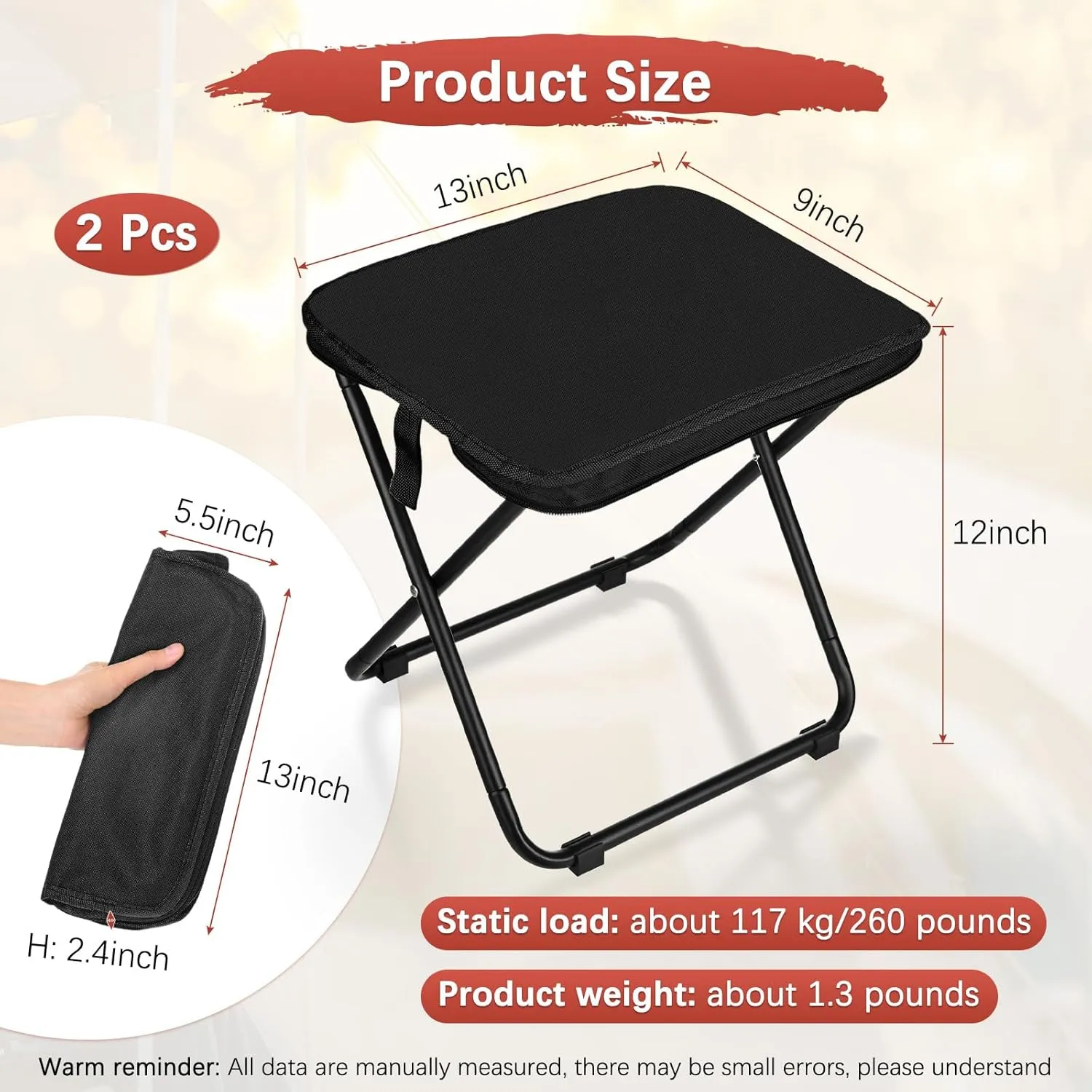 2-Pack Collapsible Stool for Camping, 11-inch Portable Folding Chair Retractable Compact Stool Lightweight Seat for Travel/Beach/Hiking/Fishing/Adventures/Outdoor [Black]