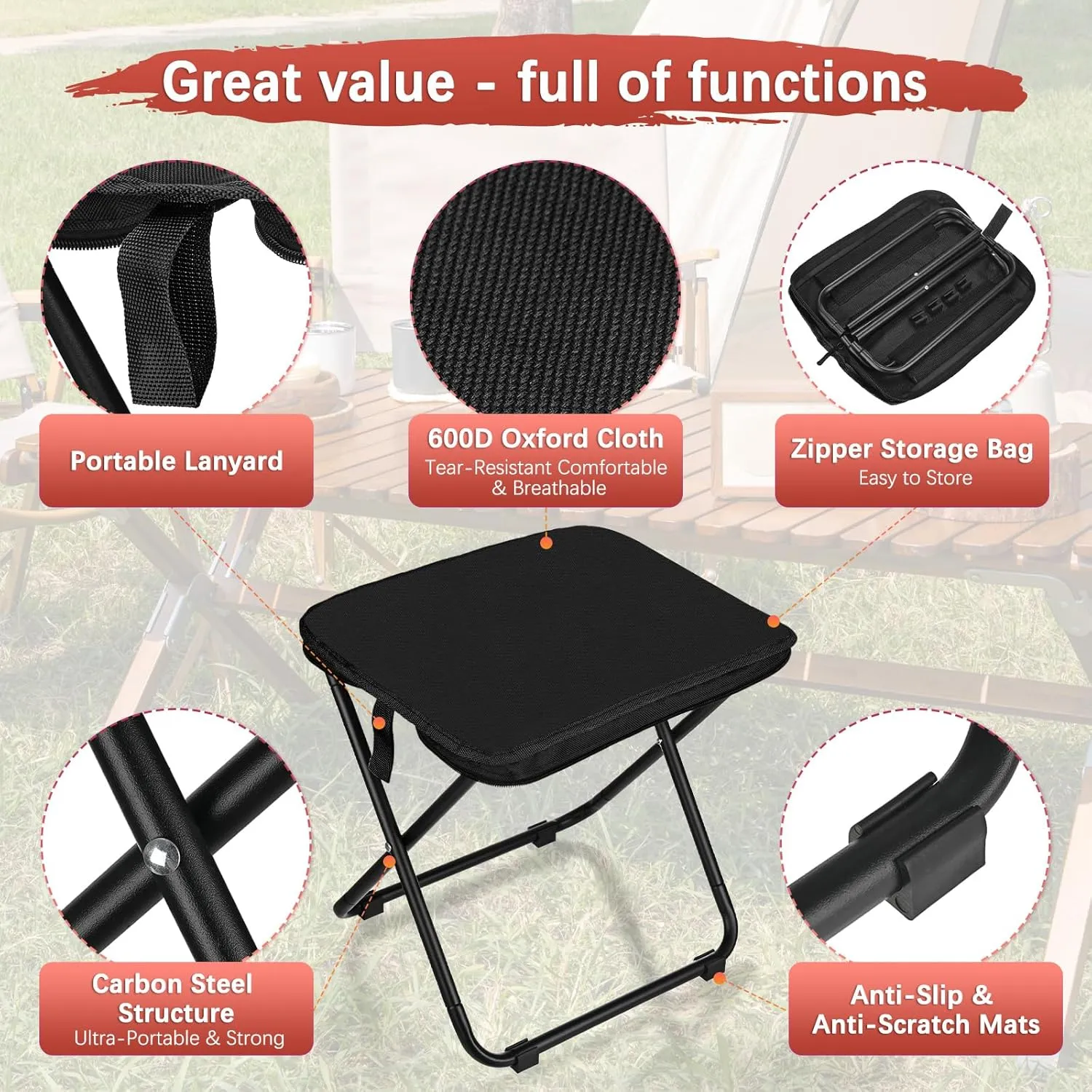 2-Pack Collapsible Stool for Camping, 11-inch Portable Folding Chair Retractable Compact Stool Lightweight Seat for Travel/Beach/Hiking/Fishing/Adventures/Outdoor [Black]