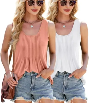 2-Pack Women's Pleated Tank Top, Sleeveless Casual Blouse Loose Fit Summer Top Beach Travel Daily T Shirt