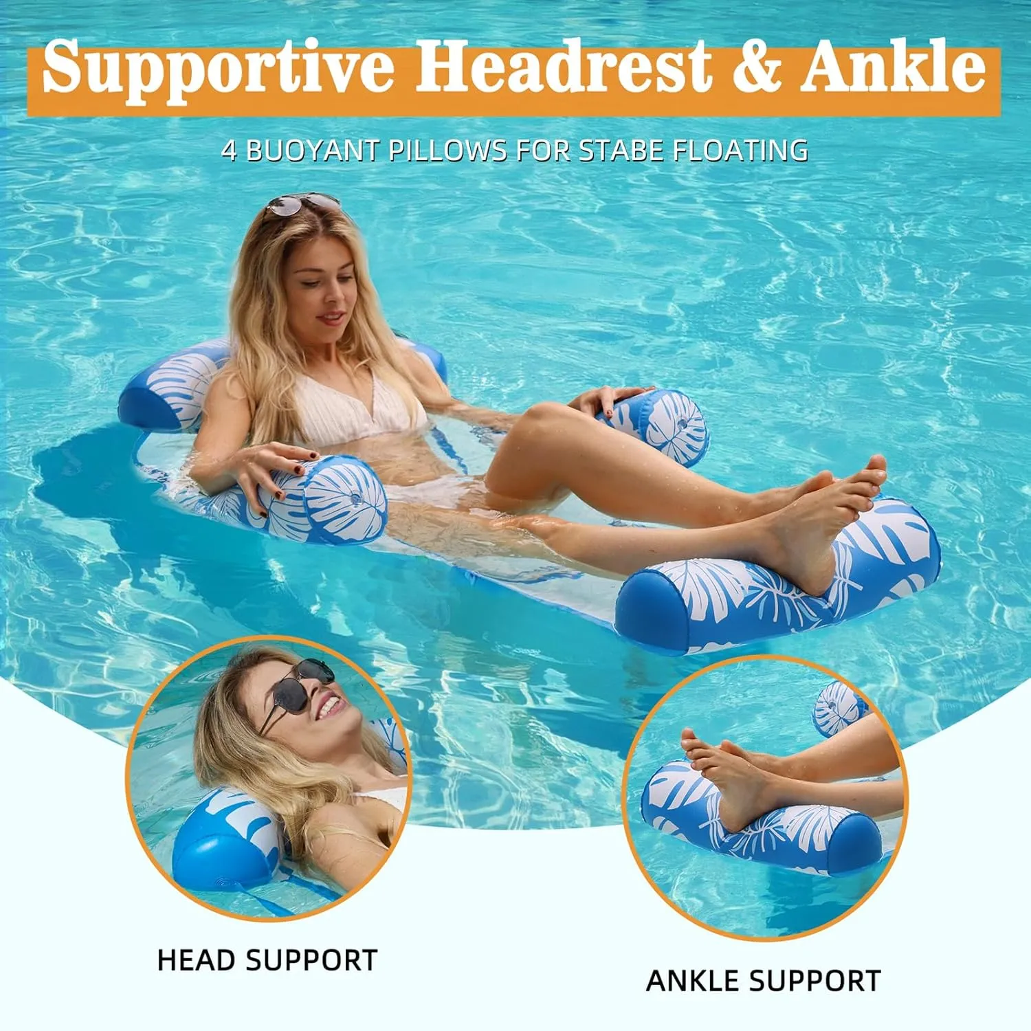2 Packs Inflatable Pool Floats Adult, 4-in-1 Floating Lounge Chairs with Detachable Design, Blow up Pool Floats for Adult(Blue Pink)
