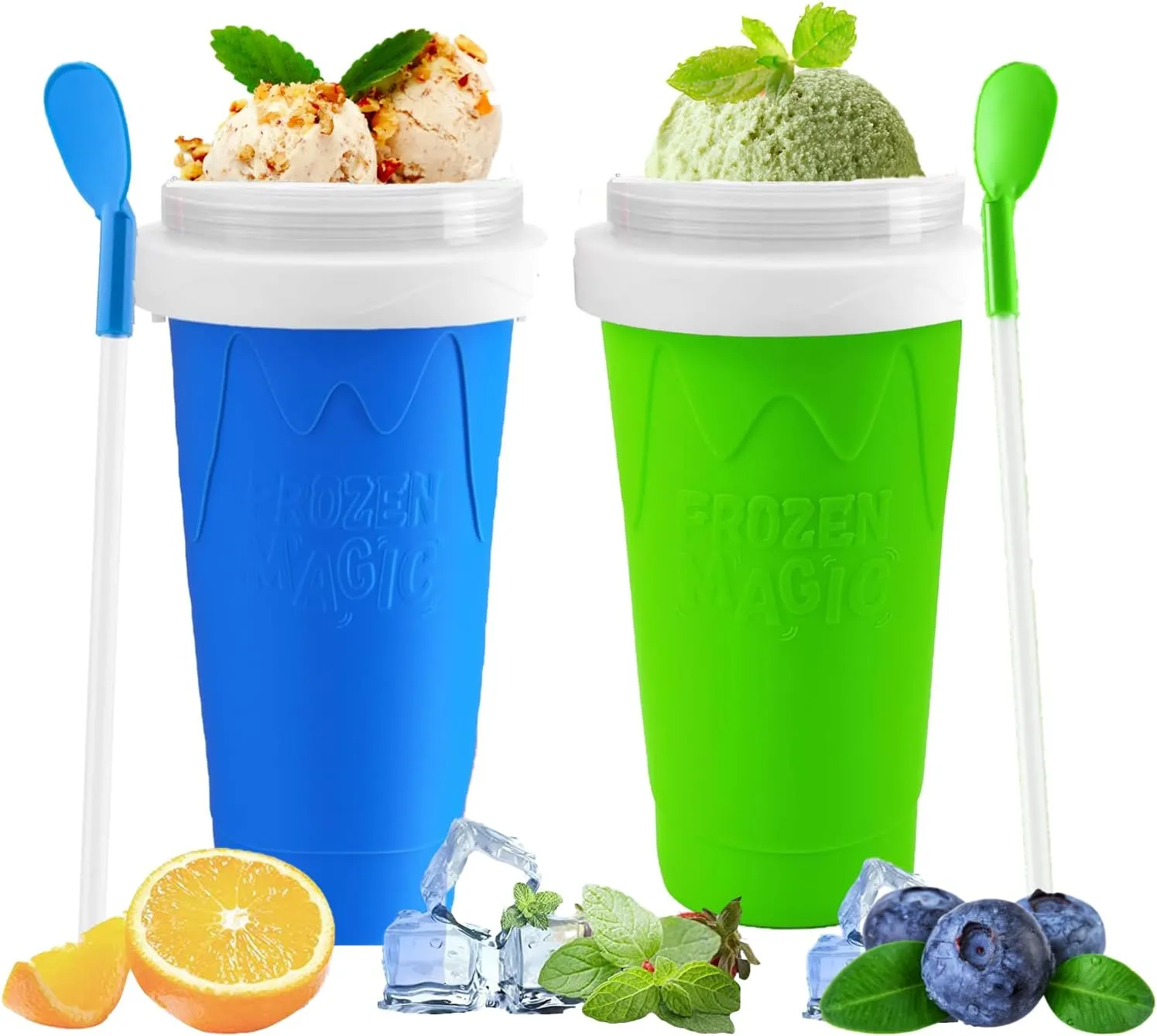 2 Packs Magic Quick Frozen Smoothies Maker - Portable Double Layer Slushy Maker Cup with Straw and Spoon, Gift for Everyone