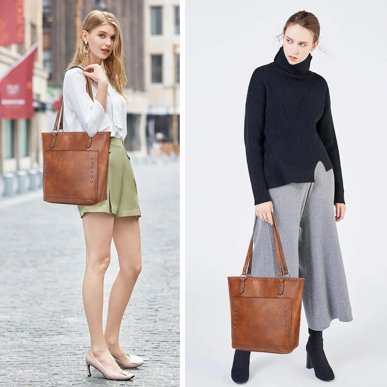 2 pcs Leather Tote Bag for Women Ladies Top Handle leather Purses and shoulder Handbags