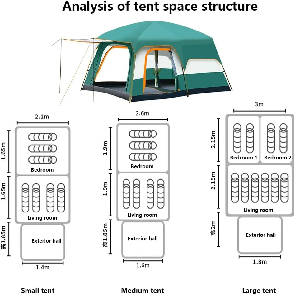 2 Room Camping Tent with Sun Canopy, Waterproof Windproof Family Tent, 4-8 Person Villa Tent with Large Mesh Windows Easy Pitch Family Outdoor Picnic