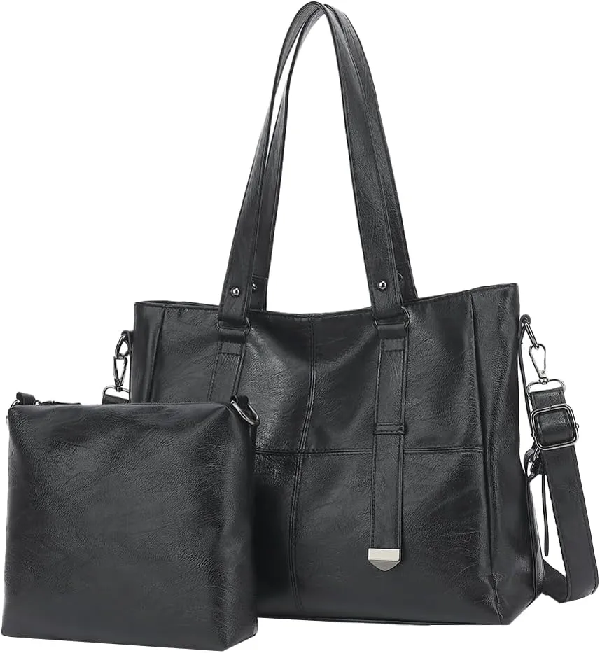 2Pcs Tote Bags Women 2025 Trendy Soft Leather Shoulder Purses Top-handle Handbags with Removeable Strap Multi Pockets