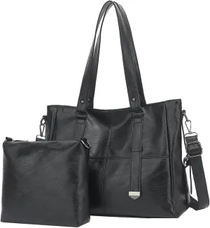 2Pcs Tote Bags Women 2025 Trendy Soft Leather Shoulder Purses Top-handle Handbags with Removeable Strap Multi Pockets