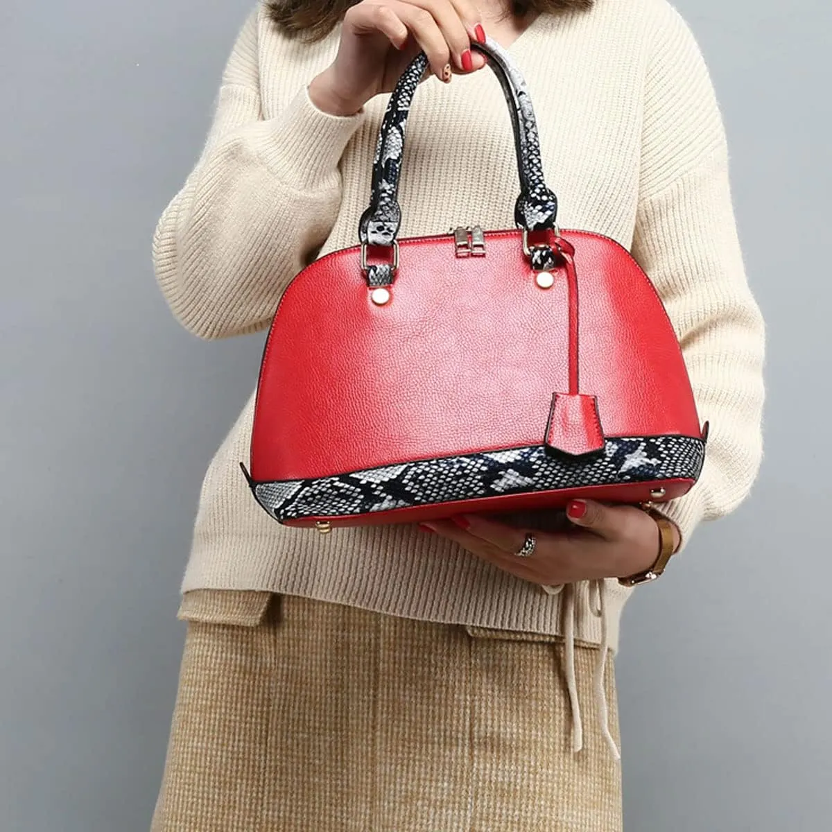 2Pcs Women Shell Handbag Serpentine Shoulder Bag PU Leather Purse Fashion Top-Handle Satchel Zipper Crossbody Tote