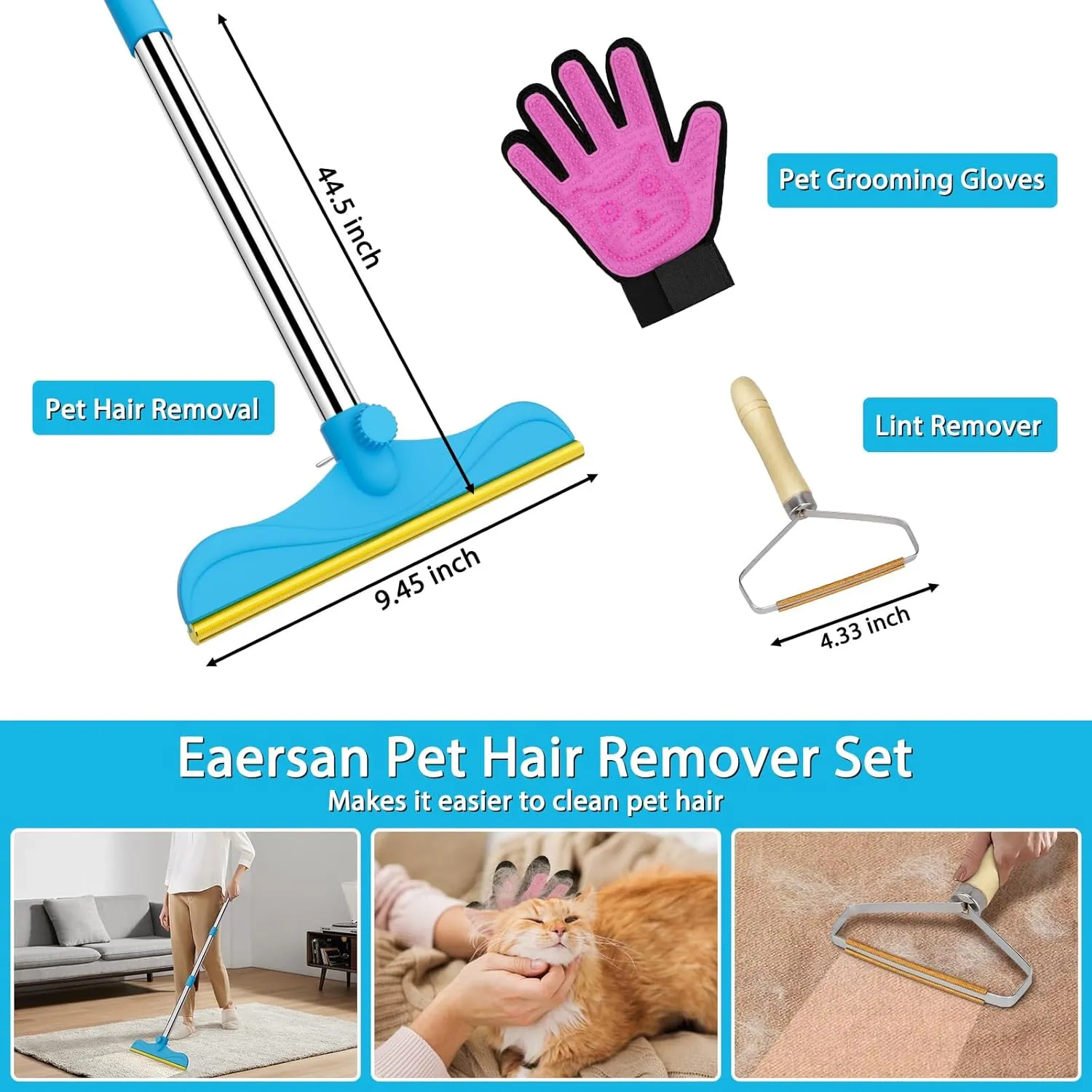 3 in 1 Carpet Rake Kit for Pet Hair Removal Tool - 45” Adjustable Long Handle Pet Hair Remover, Reusable Carpet Scraper Dog Cat Deep Hair Cleaner Remover Tool for Rugs, Mats, Couch, Furniture