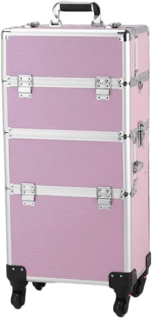 3 in 1 Cosmetic Makeup Train Case, Large Rolling Aluminum Trolley Makeup Travel Case Professional Rolling Cosmetic Beauty Storage Box with 360° Swivel Wheels (Pink)