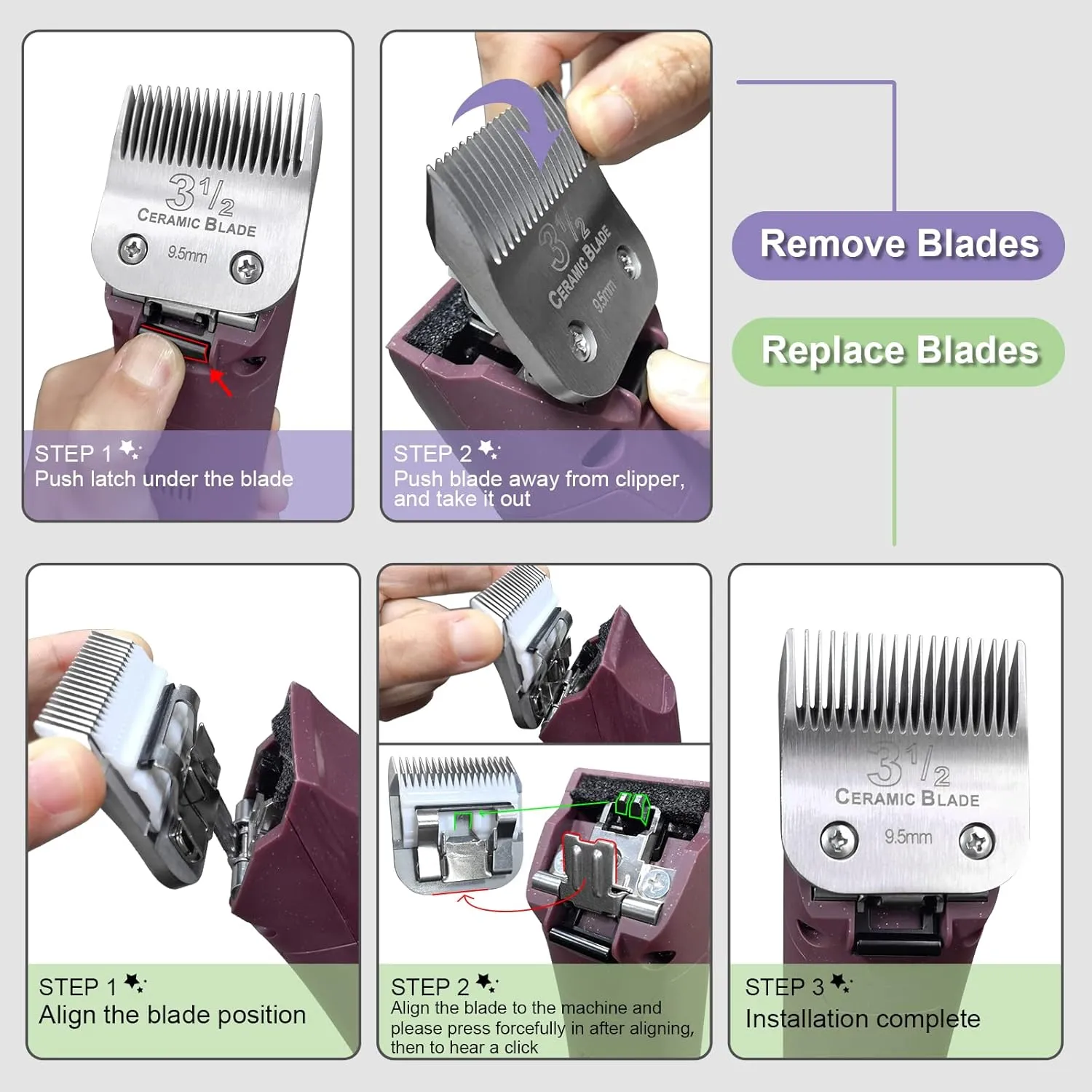 3 Packs Professional Detachable Replacement Ceramic Blades Set,Cut Length 5/32-Inch to 3/8-Inch,compatible with Andis/oster Classic 76/Star-Teq/Power-Teq/A5 Clipper