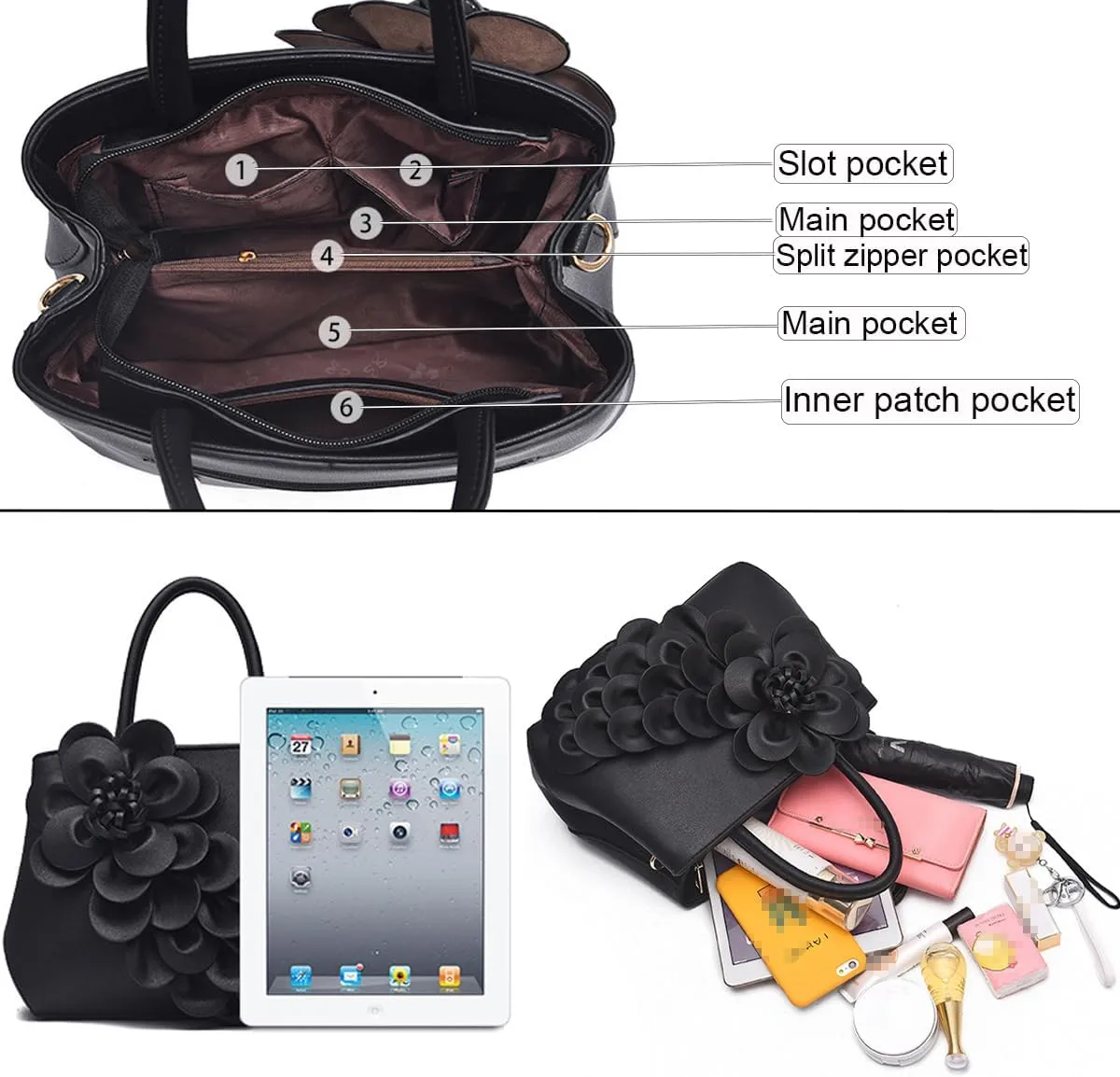 3D Floral Handbag and Purse for Women Elegant Shoulder Bag PU Leather Top-Handle Bag Satchel Evening Party Tote