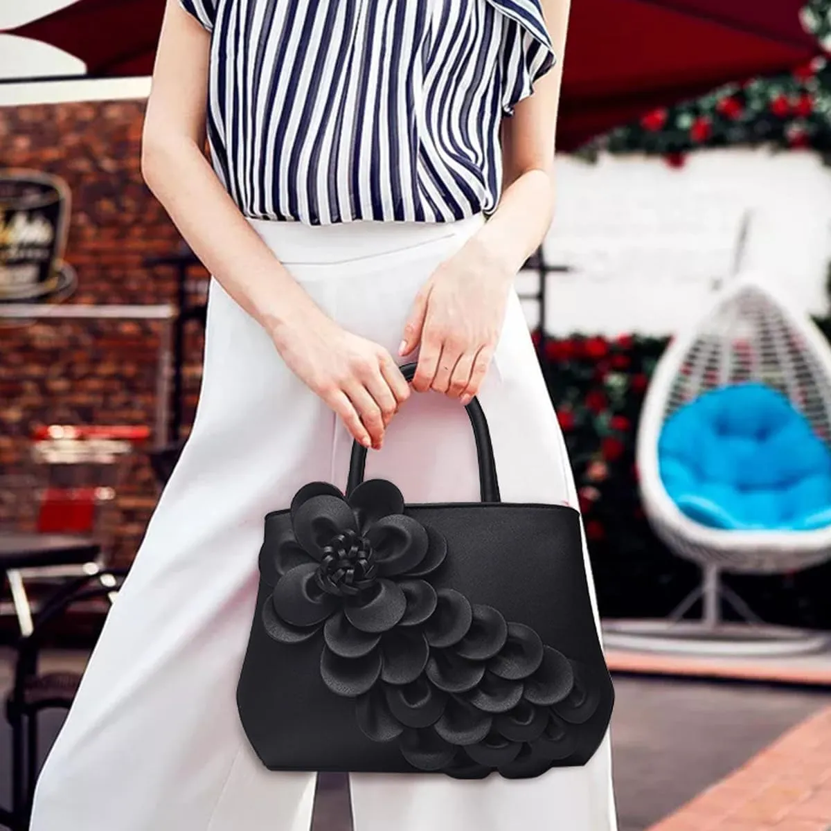 3D Floral Handbag and Purse for Women Elegant Shoulder Bag PU Leather Top-Handle Bag Satchel Evening Party Tote