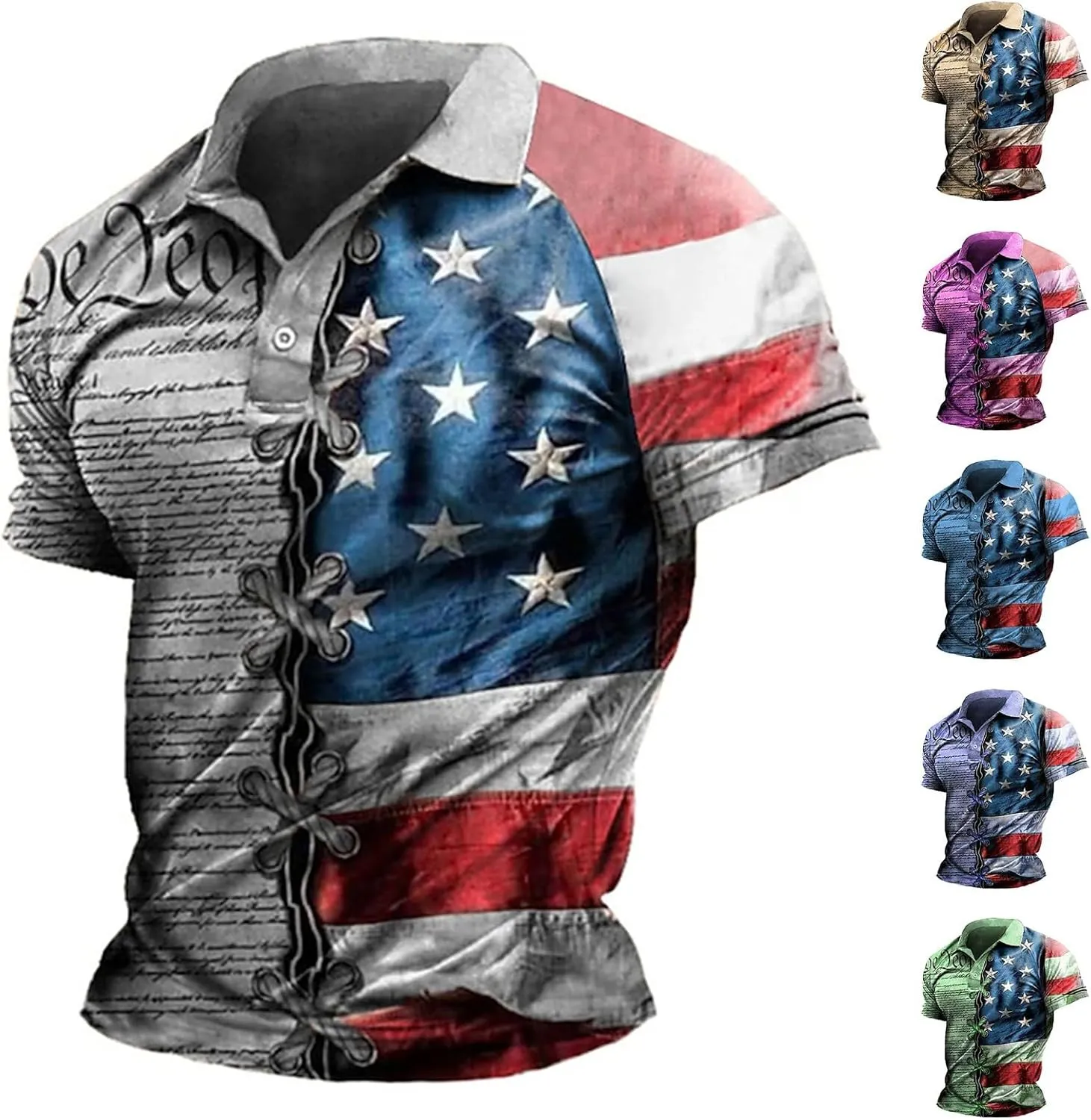 3D Print USA Flag Polo Shirts for Men Short Sleeve Button Up Golf Jersey Tops Novelty American Patriotic Muscle Tees