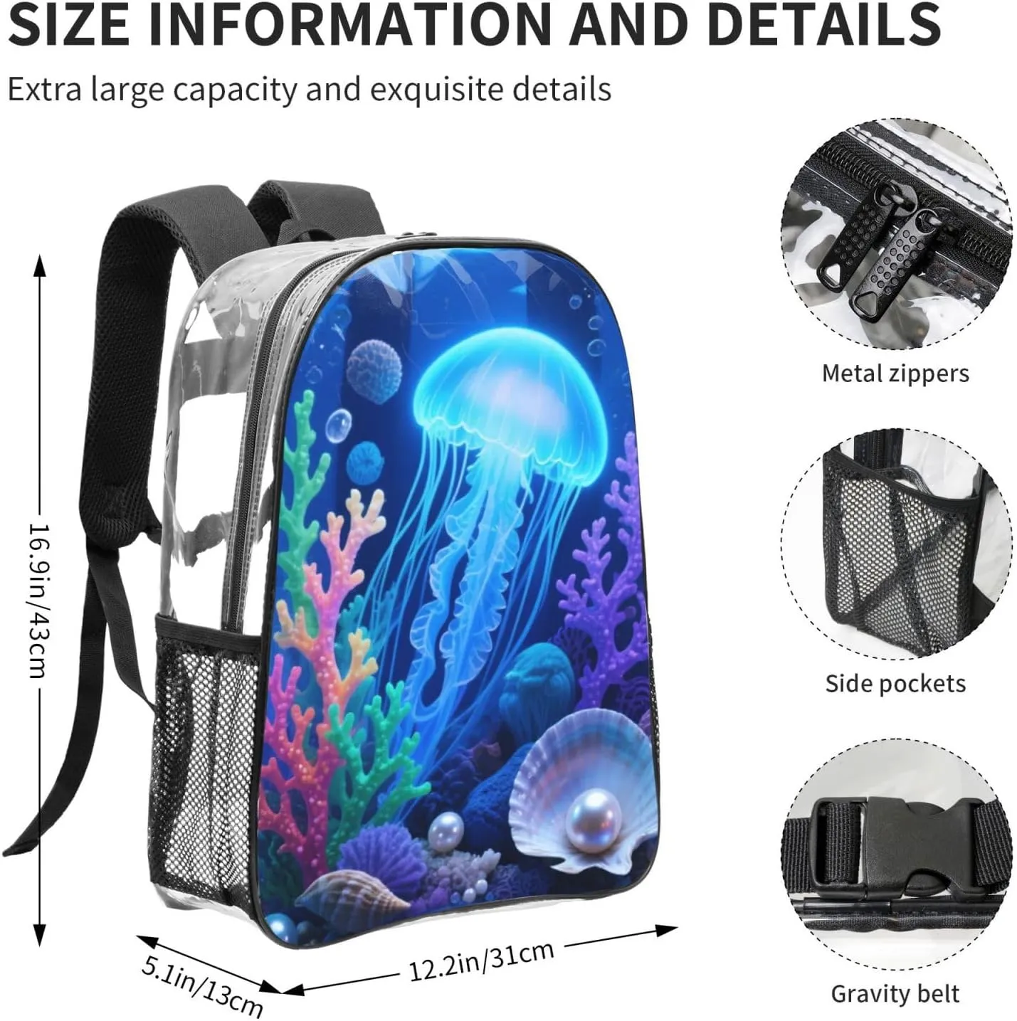 3d Seabed Print Fashion Clear Backpack - Stylish Transparent Pvc 16" Backpack With Mesh Side Pockets For Travel, Gym