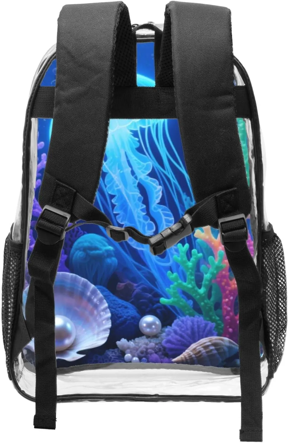 3d Seabed Print Fashion Clear Backpack - Stylish Transparent Pvc 16" Backpack With Mesh Side Pockets For Travel, Gym