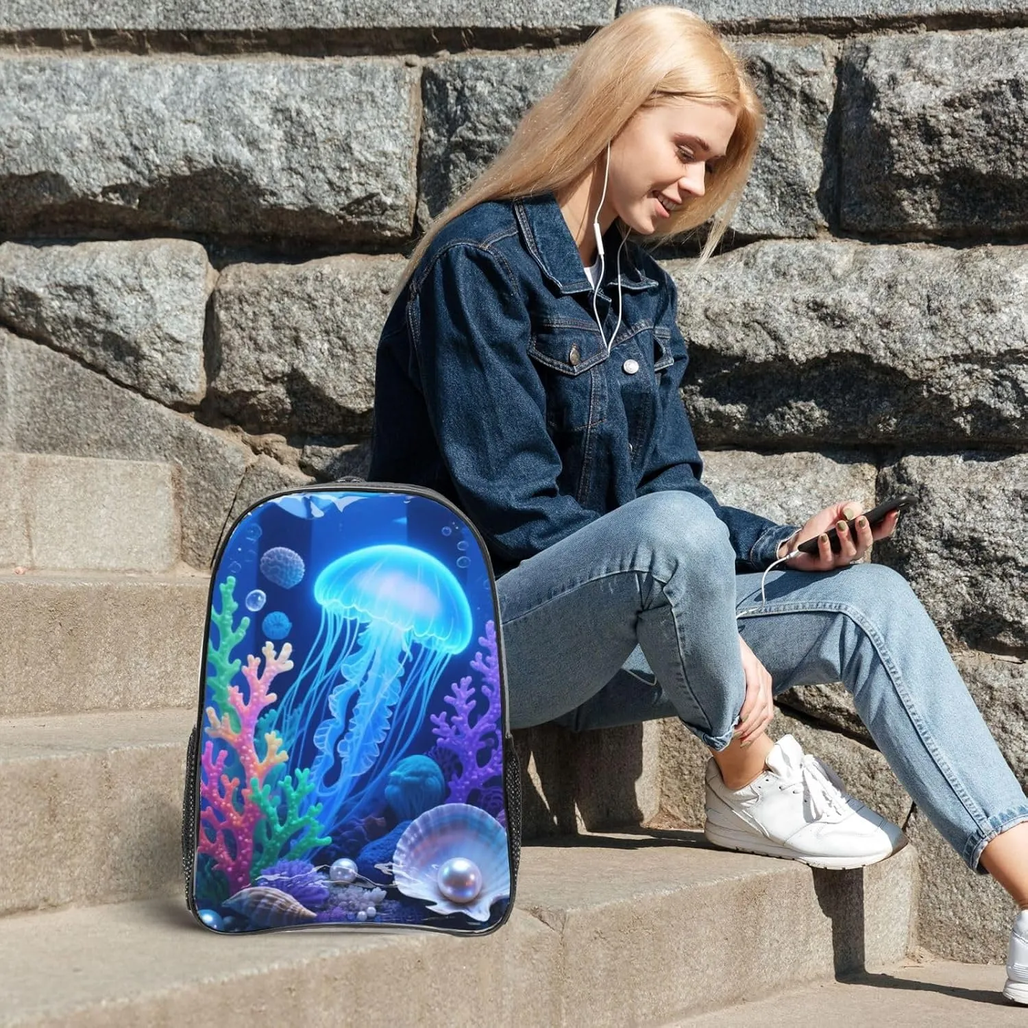 3d Seabed Print Fashion Clear Backpack - Stylish Transparent Pvc 16" Backpack With Mesh Side Pockets For Travel, Gym