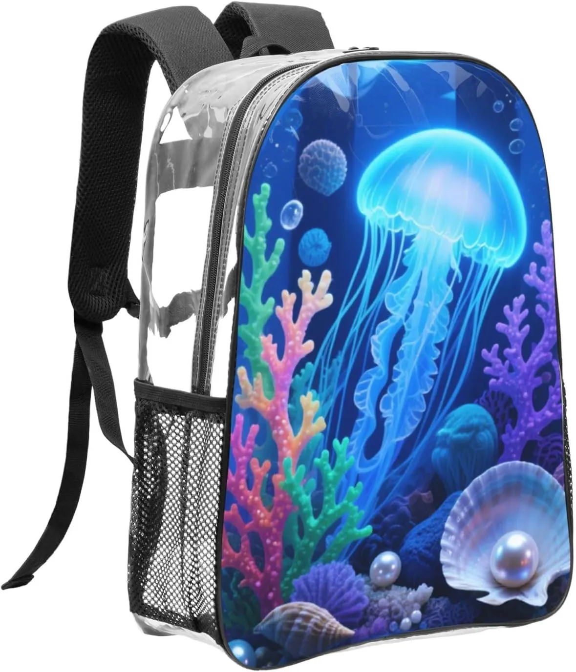 3d Seabed Print Fashion Clear Backpack - Stylish Transparent Pvc 16" Backpack With Mesh Side Pockets For Travel, Gym