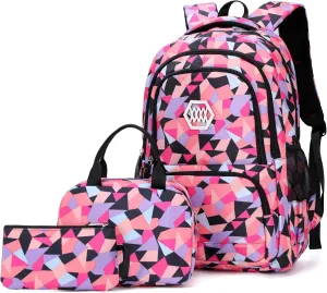 3Pcs Geometric Print Girls Backpack and Lunch Bag Set for Kids Elmentary Middle School Bags Bookbag