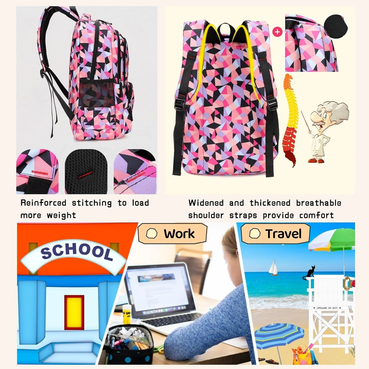 3Pcs Geometric Print Girls Backpack and Lunch Bag Set for Kids Elmentary Middle School Bags Bookbag