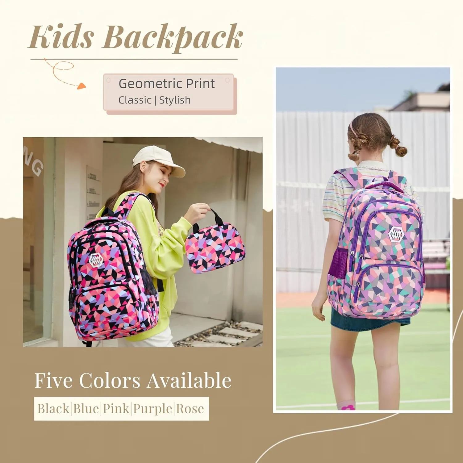 3Pcs Geometric Print Girls Backpack and Lunch Bag Set for Kids Elmentary Middle School Bags Bookbag