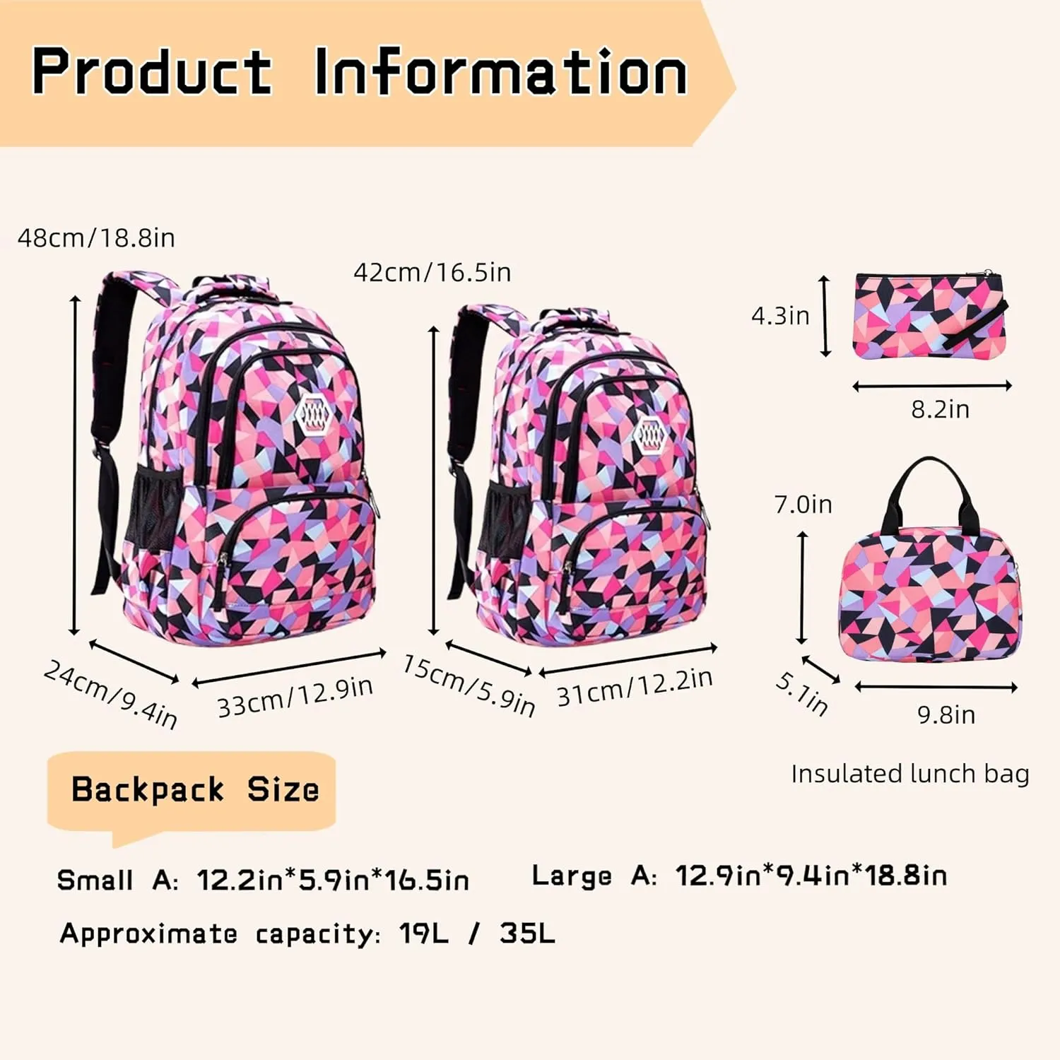 3Pcs Geometric Print Girls Backpack and Lunch Bag Set for Kids Elmentary Middle School Bags Bookbag