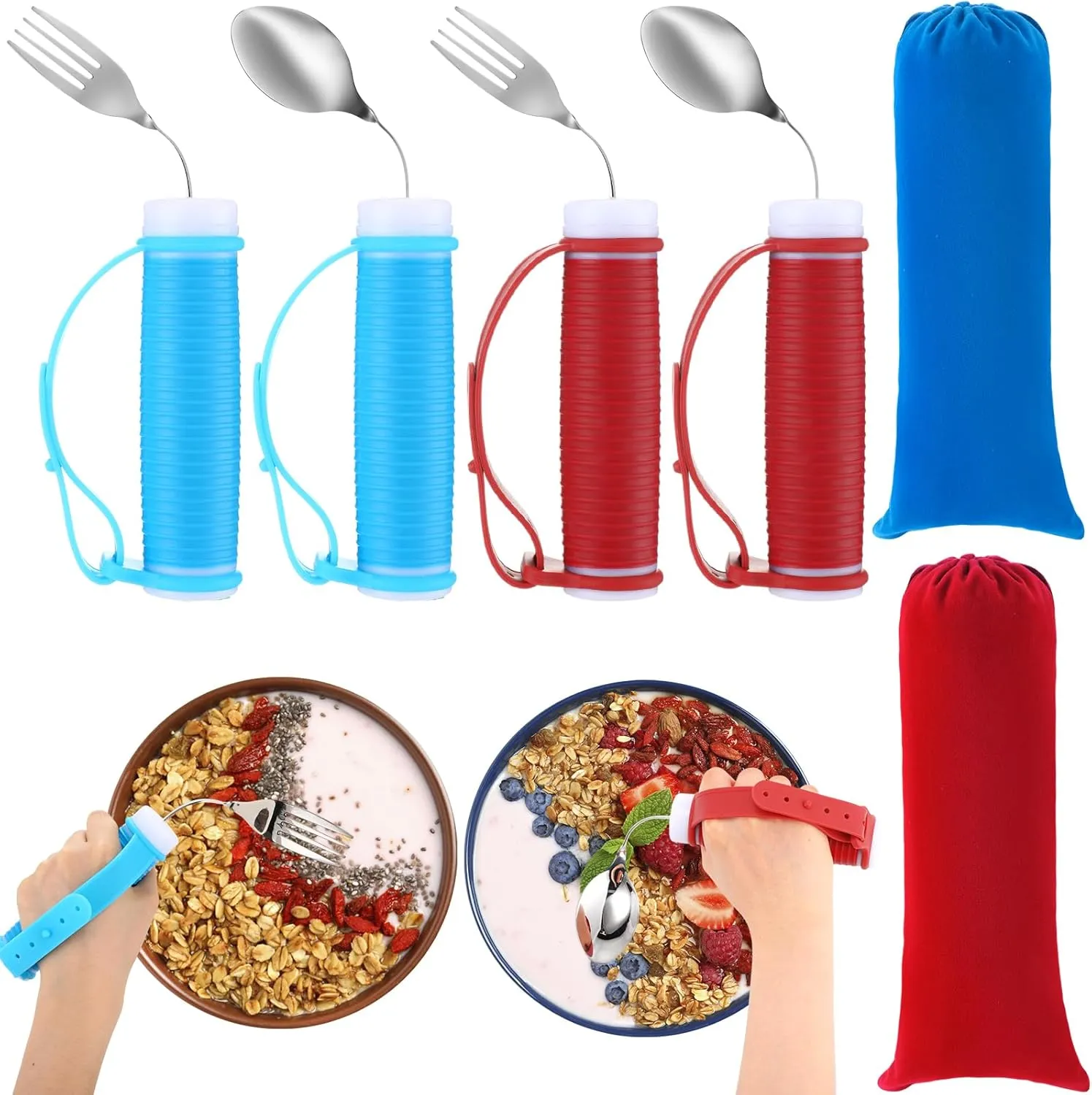 4 Pcs Adaptive Utensils Set 360° rotatable Parkinsons Utensils Stainless Steel Spoon and Fork Weighted Utensils with Non Slip Easy Grip Handles and 2 Bags for Hand Tremors Parkinsons