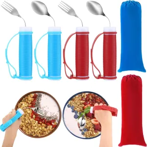 4 Pcs Adaptive Utensils Set 360° rotatable Parkinsons Utensils Stainless Steel Spoon and Fork Weighted Utensils with Non Slip Easy Grip Handles and 2 Bags for Hand Tremors Parkinsons