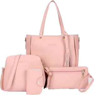 4 Pcs Bags Set for Women, Tassel Shoulder Bags Pu Leather Tote Handbag Crossbody Bag&Wristlet Purse Top Handle Small Bags