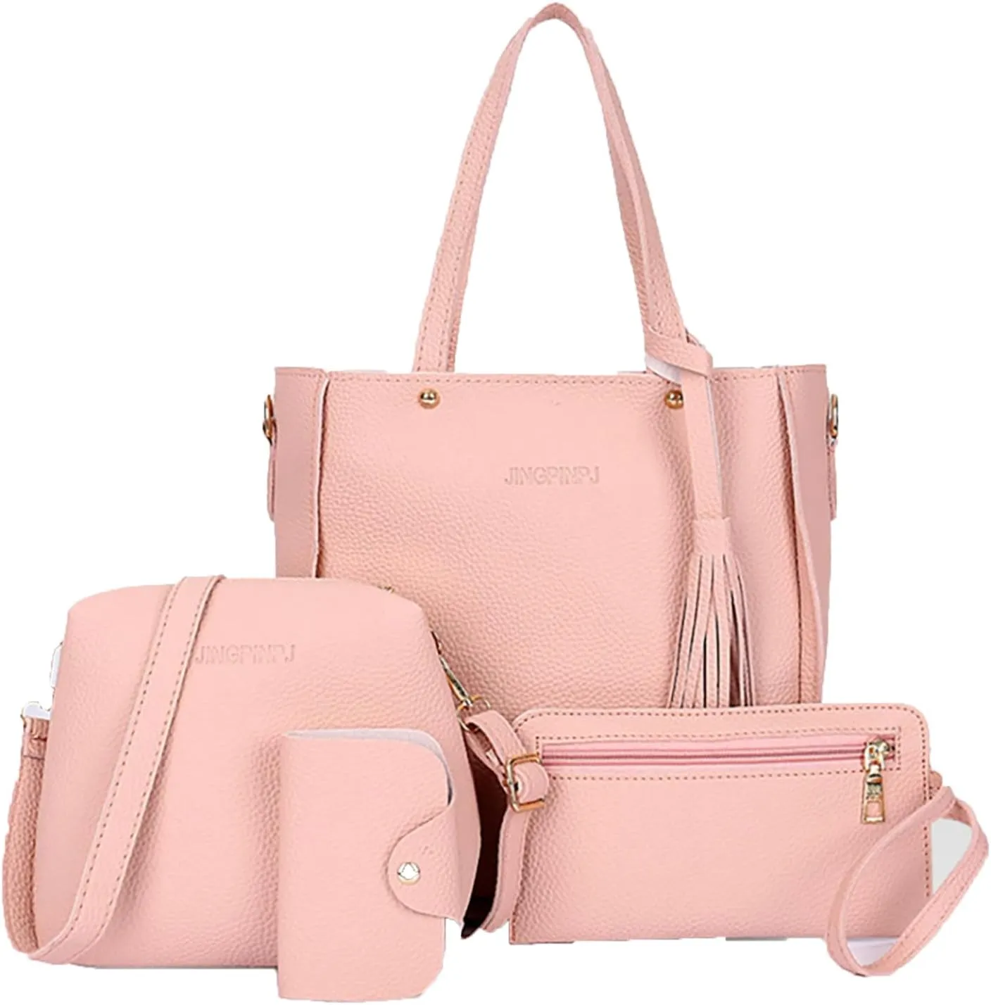 4 Pcs Bags Set for Women, Tassel Shoulder Bags Pu Leather Tote Handbag Crossbody Bag&Wristlet Purse Top Handle Small Bags
