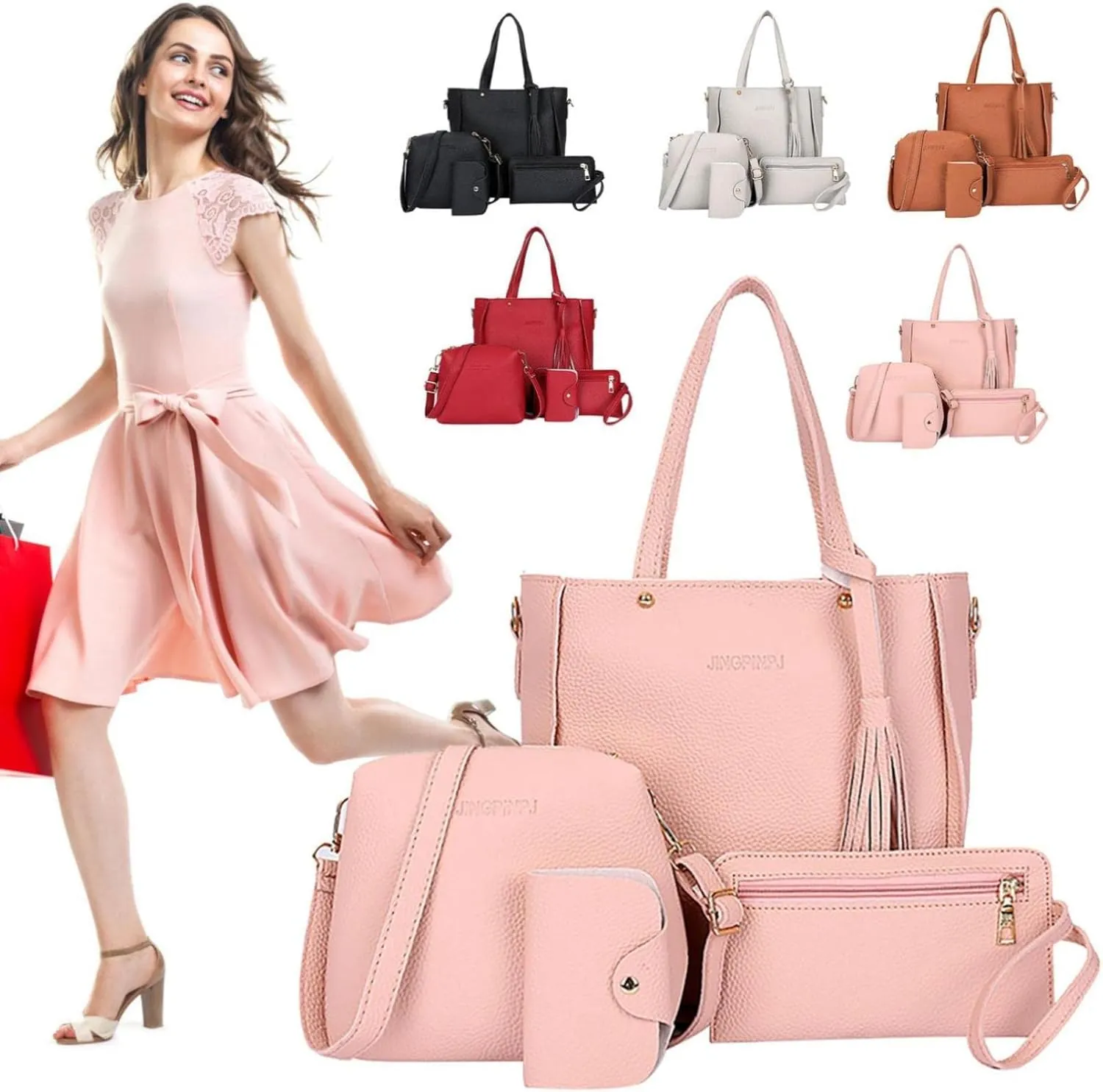 4 Pcs Bags Set for Women, Tassel Shoulder Bags Pu Leather Tote Handbag Crossbody Bag&Wristlet Purse Top Handle Small Bags